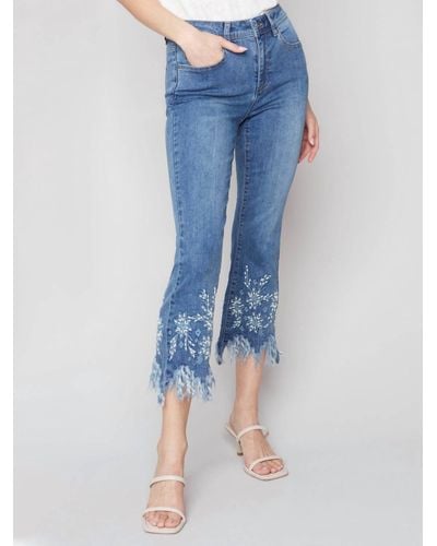 Charlie b Cropped Jeans With Embroidered Feathered Hem - Blue