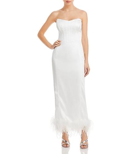 Aqua Faux Feather Trim Midi Cocktail And Party Dress - White