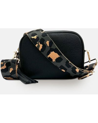 Apatchy London Leather Crossbody Bag With Gray Leopard Strap - Black