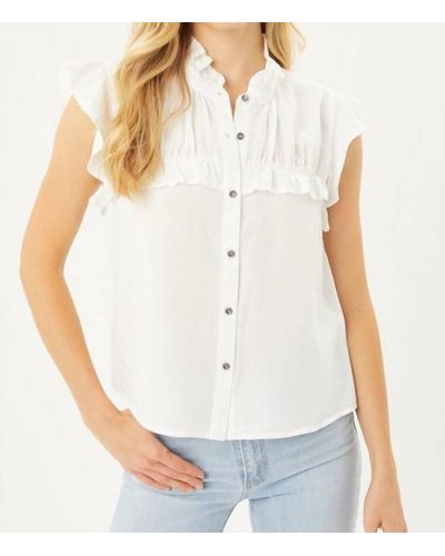 Love Tree Woven Solid Ruffle Neck Button Front Blouse - White