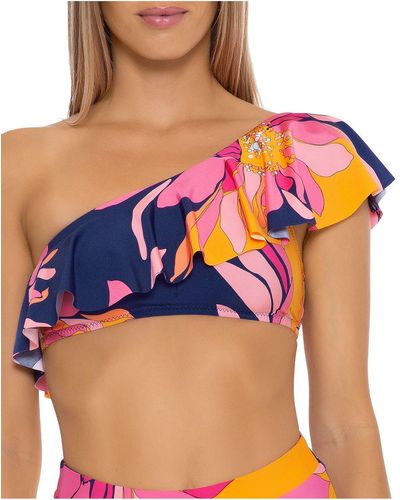 Trina Turk Breeze Printed Ruffled Bikini Swim Top - Blue