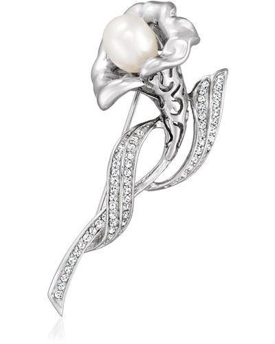 Ross-Simons 8-9mm Cultured Pearl And . Cz Calla Lily Pin - White