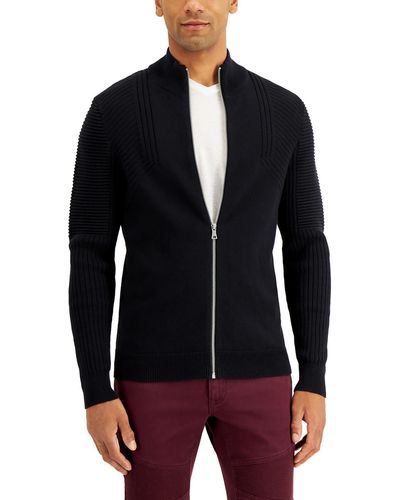 INC Cotton Ribbed Trim Full Zip Sweater - Blue