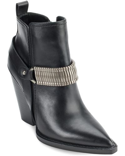 DKNY Tizz Leather Stacked Heel Ankle Boots - Black