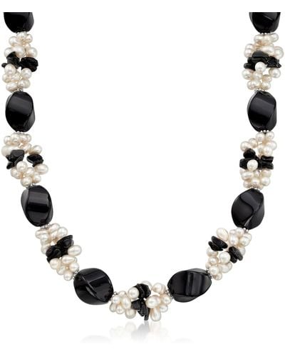 Ross-Simons 5-20mm Onyx Bead And 5-6mm Cultured Pearl Cluster Necklace With Sterling Silver - Black