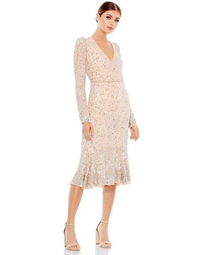 Mac Duggal Sequin Gown With Embellished Hemlin And Belt - White