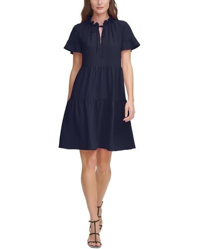DKNY Tiered Tie-neck Fit & Flare Dress - Blue