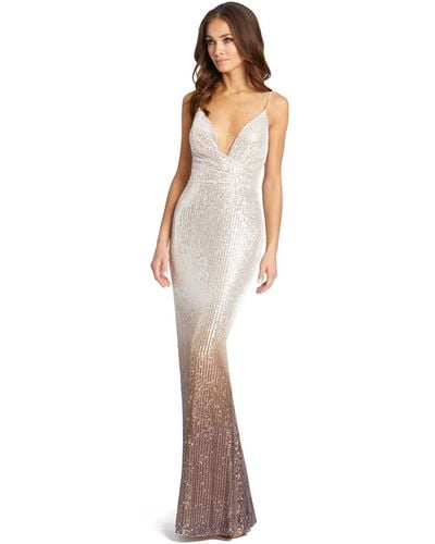 Ieena for Mac Duggal Plunge Neck Ombrã Sequin Gown - White