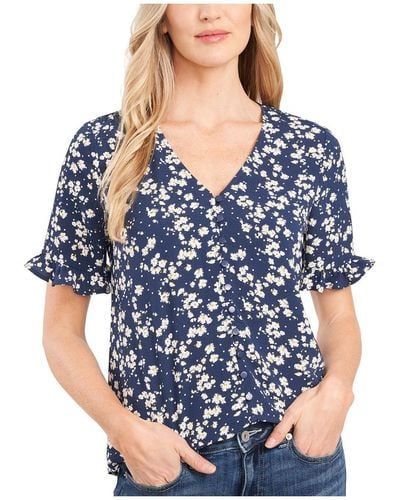 Cece Floral Ruffled Button-down Top - Blue