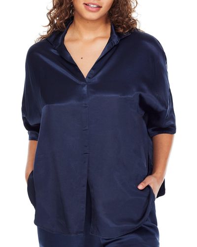 PJ Harlow Fran Satin Notch Collar Pajama Top - Blue