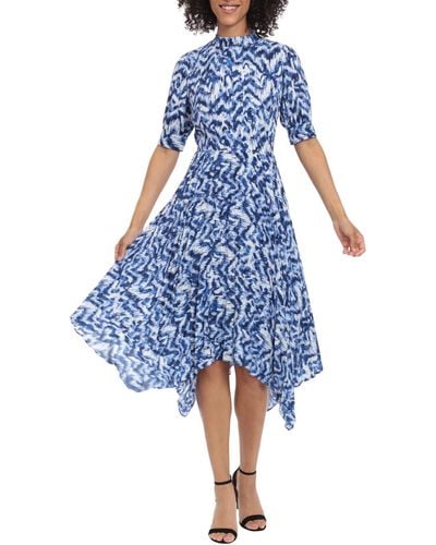 Maggy London Printed Short Sleeve Maxi Dress - Blue