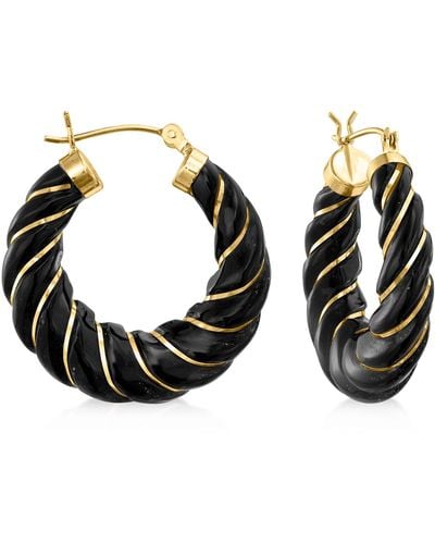 Ross-Simons Carved Lapis Hoop Earrings With 14kt Yellow Gold - Black