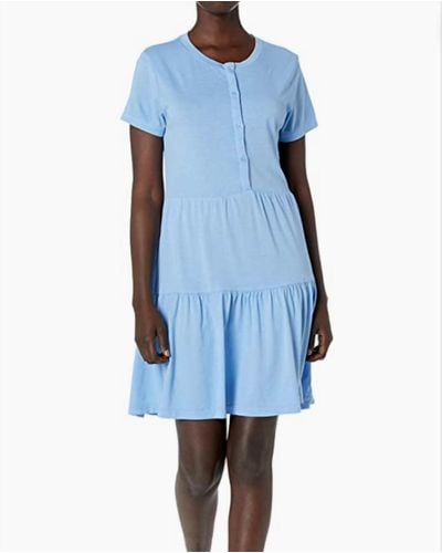 Monrow Short Sleeve Henley Ruffle Dress - Blue