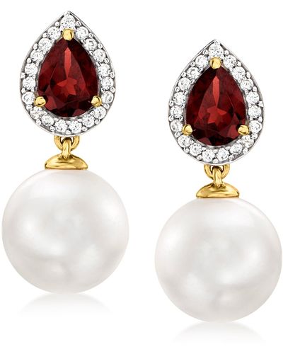 Ross-Simons 10.5-11mm Cultu Pearl And Garnet Drop Earrings With . White Zircon - Red