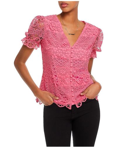 Aqua Lace Overlay Button Up Blouse - Pink