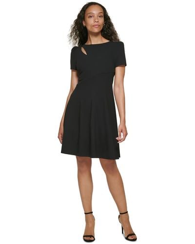 DKNY Front Cut-out Puff Sleeves Fit & Flare Dress - Black