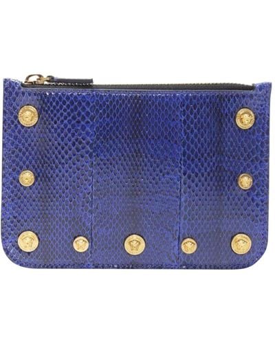 Versace New Ayers Scaled Leather Gold Medusa Stud Bordered Top Zip Pouch Case - Blue