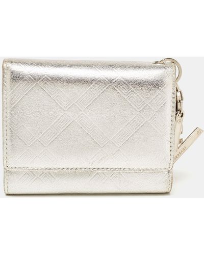 Versace Silver Embossed Leather V Charm Trifold Wallet - White