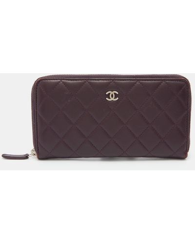 Chanel Quilted Leather Cc Zip Around Wallet - Purple