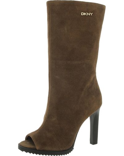 DKNY Suede Open Toe Mid-calf Boots - Brown