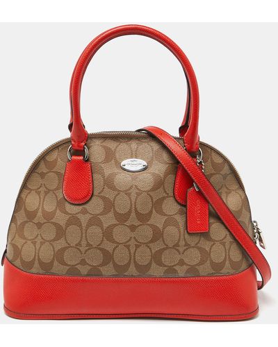 COACH /orange Signature Coated Canvas And Leather Cora Dome Satchel - Red
