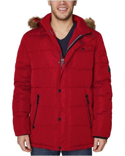 Nautica Faux Fur Trim Quilted Parka Coat - Red
