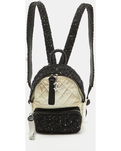 Chanel /offquilted Satin And Tweed Sequins Mini Backpack - Black