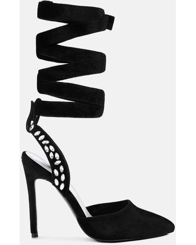 Rag & Co Wallis Diamante Embellished Tie Up Stiletto Sandals - Black