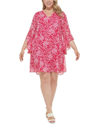 Calvin Klein Plus Size Printed 3/4-ruffle-sleeve Shift Dress - Pink