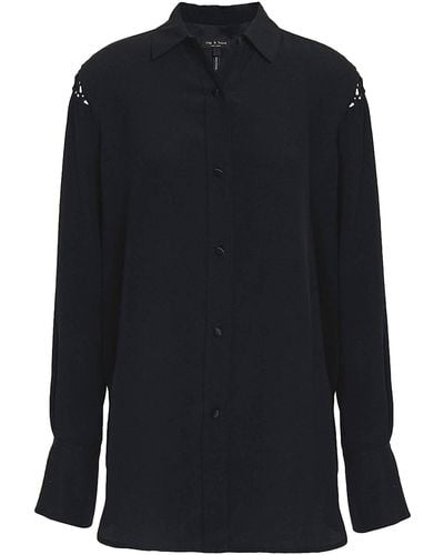 Rag & Bone Hana Button Down Long Sleeve Silk Shirt Blouse In Black - Blue