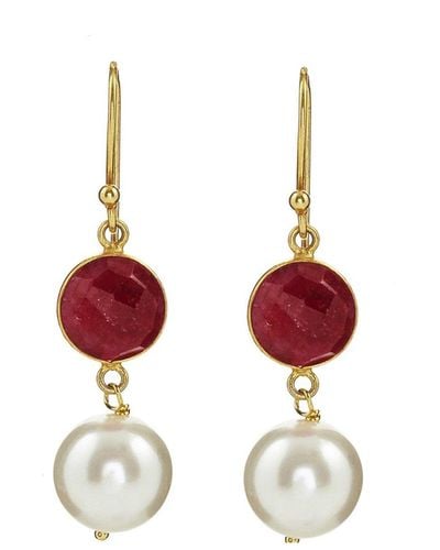 Liv Oliver 18k Gold Plated & Pearl Drop Earrings - Red