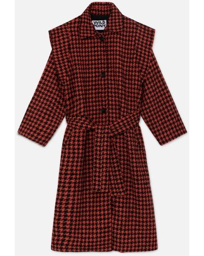 WILD PONY Long Coat With Shoulder Pads And Houndtooths Print - Red