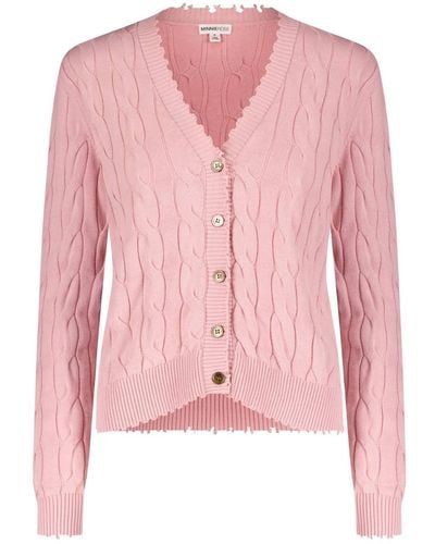 Minnie Rose Cotton Cable Frayed Cardigan - Pink