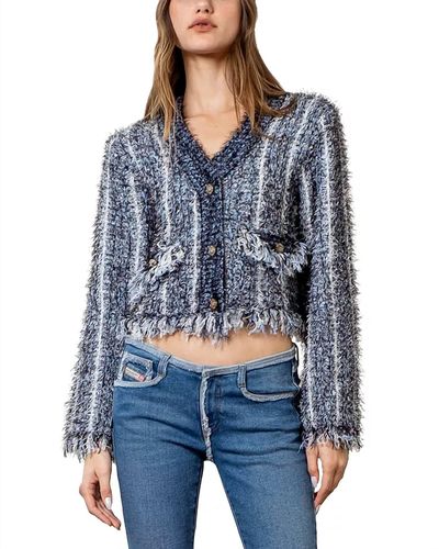 Moon River Textured Knit Cropped Cardigan - Blue
