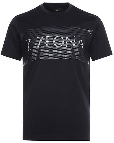 Zegna Men Rubberized Logo Short Sleeve Crew Neck Cotton T-shirt - Black