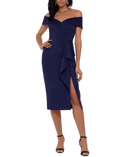 Xscape Ruffled Midi Cocktail And Party Dress - Blue