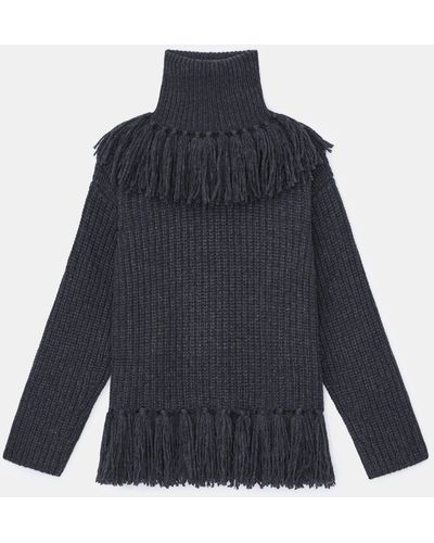 Lafayette 148 New York Responsible Cashmere-wool Fringed Turtleneck Sweater - Blue