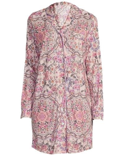 Johnny Was Neena Floral Print Notch Collar Knit Chest Pocket Long Sleeve Nightshirt... - Pink