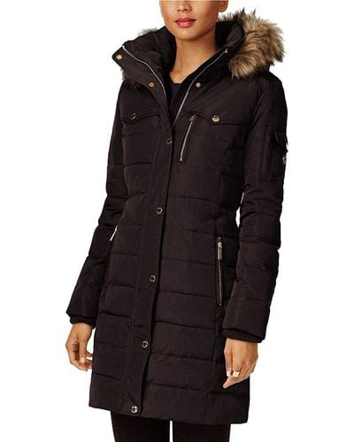 Michael Kors Faux Fur Trim Removable Hood Down Puffer Coat In Black