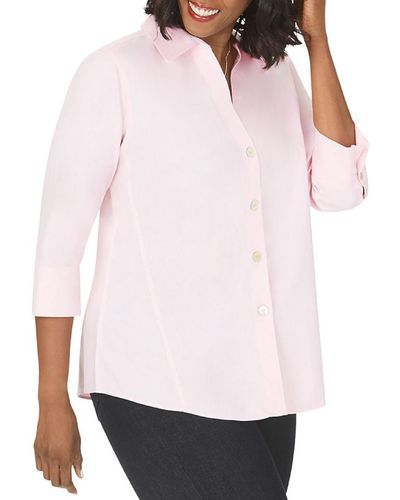Foxcroft Plus Paige 3/4 Sleeves Collared Button-down Top - Pink