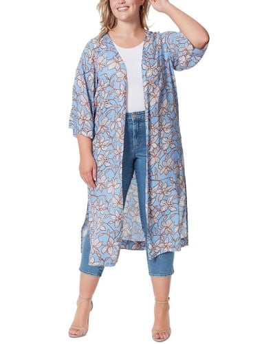 Jessica Simpson Plus Blakeley Printed Long Duster Sweater - Blue