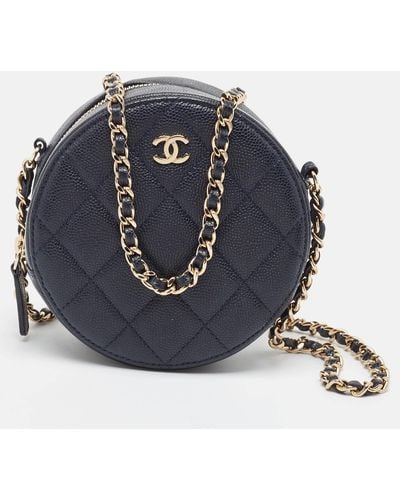 Chanel Quilted Caviar Leather Cc Round Chain Clutch - Blue