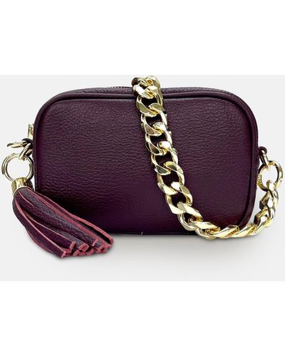 Apatchy London The Mini Tassel Port Leather Phone Bag With Gold Chain Strap - Purple