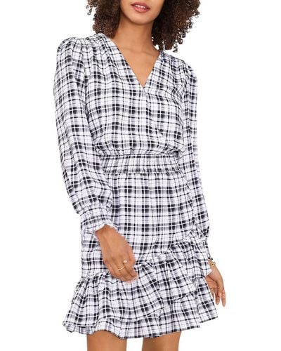 Vince Camuto Plaid Long Sleeves Fit & Flare Dress - White