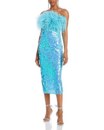 Bronx and Banco Feather Trim Long Cocktail And Party Dress - Blue