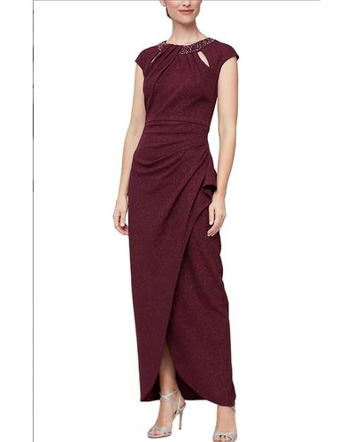SLNY Embellished Wrap Side Ruffled Gown - Red