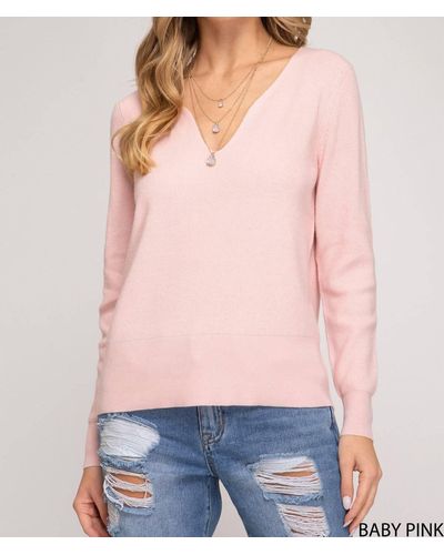 She + Sky V Neckline Sweater - Pink