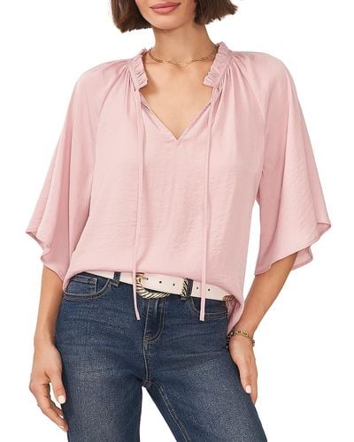 Vince Camuto Sheer Ruffle Split Neck Blouse - Pink