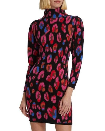 FARM Rio Iridescent Leopards Cut Out Knit Pullover Mini Dress - Red