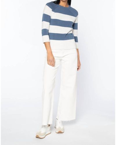 Kinross Cashmere 3/4 Sleeves Wide Stripe Crew Sweater - Blue